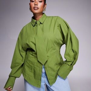 ASOS DESIGN Curve cinched tie detail shirt in olive (NWOT)